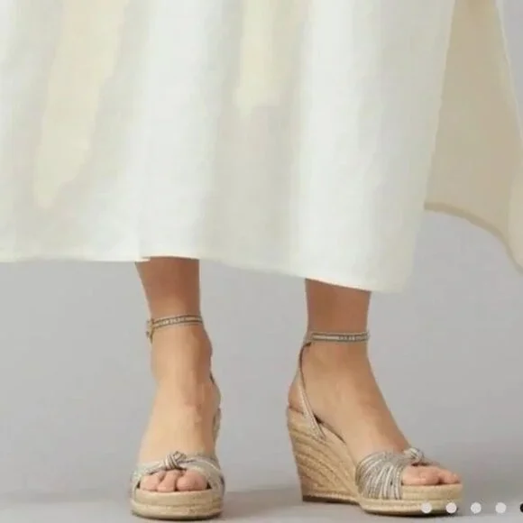 Tory Burch White Beige Logo Ribbon Wedge Espadrille Platform Sandals Heels Sz 9 - Picture 2 of 8